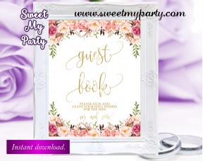 Floral gold Wedding Guest Book Sign,Wedding signs,(057w)